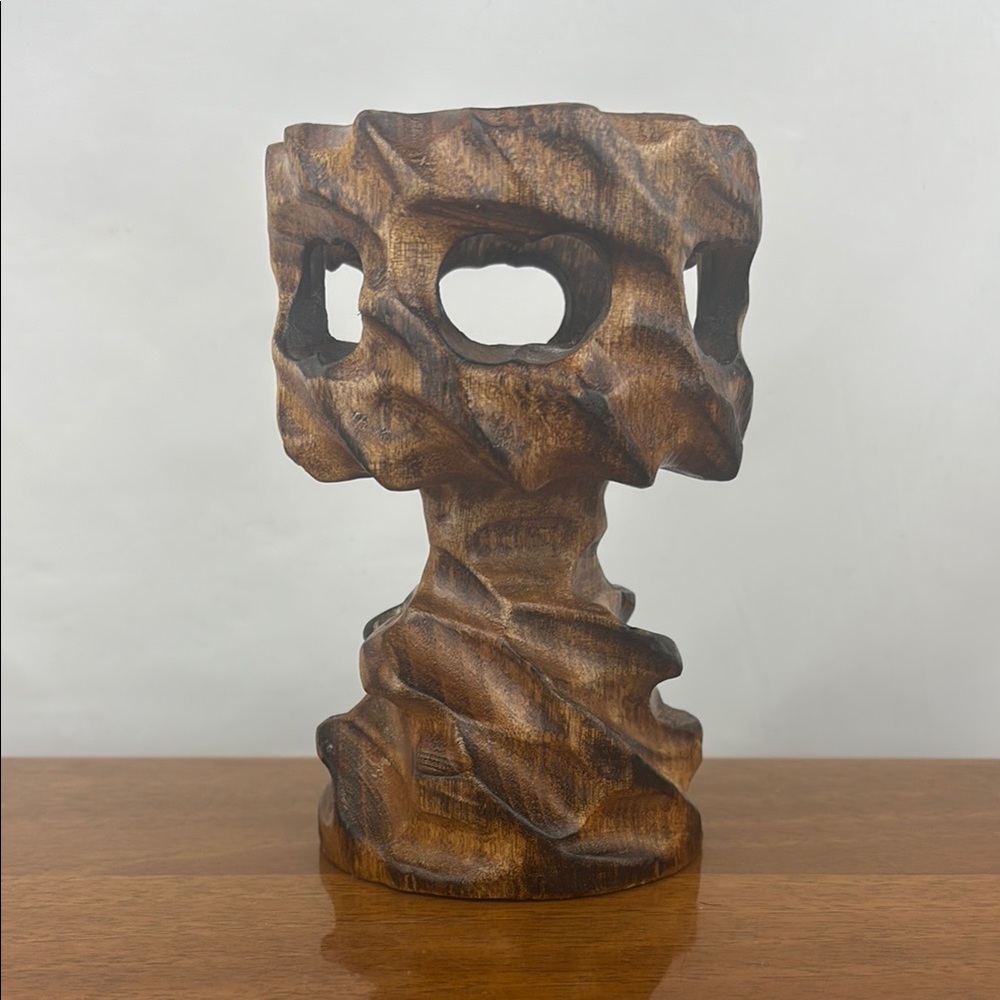Vintage brutalist carved wooden candle holder